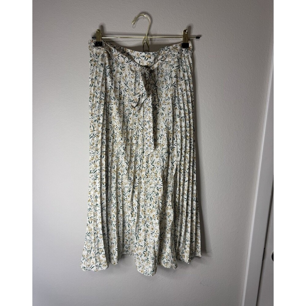 Skies Are Blue Women's Pleated Midi Skirt M Ivory Floral Tie Accents